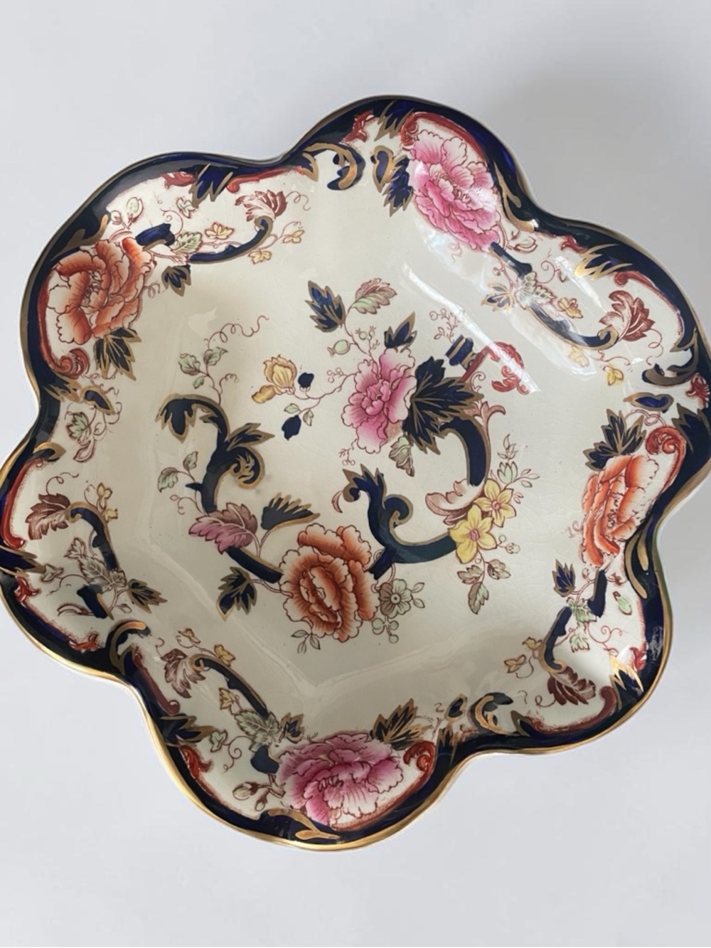 Mason’s Mandalay Ironstone Scalloped Floral Bowl with gold accents